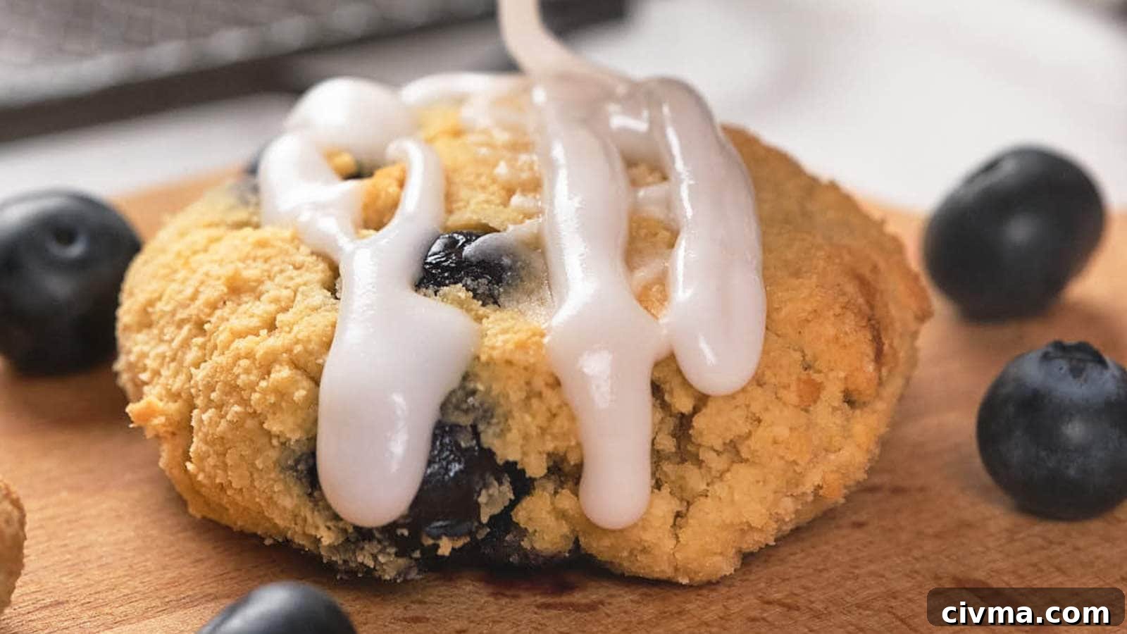 A blueberry scone drizzled with white icing.