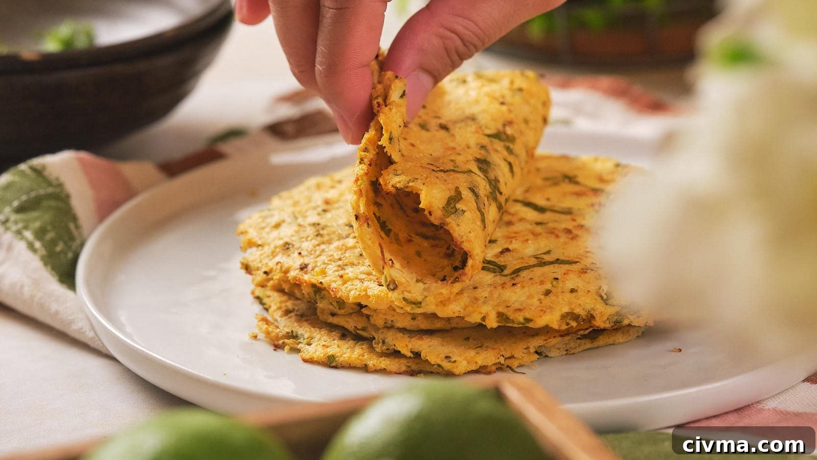 A hand holds and begins to wrap a folded cauliflower tortilla, which is on a white plate.