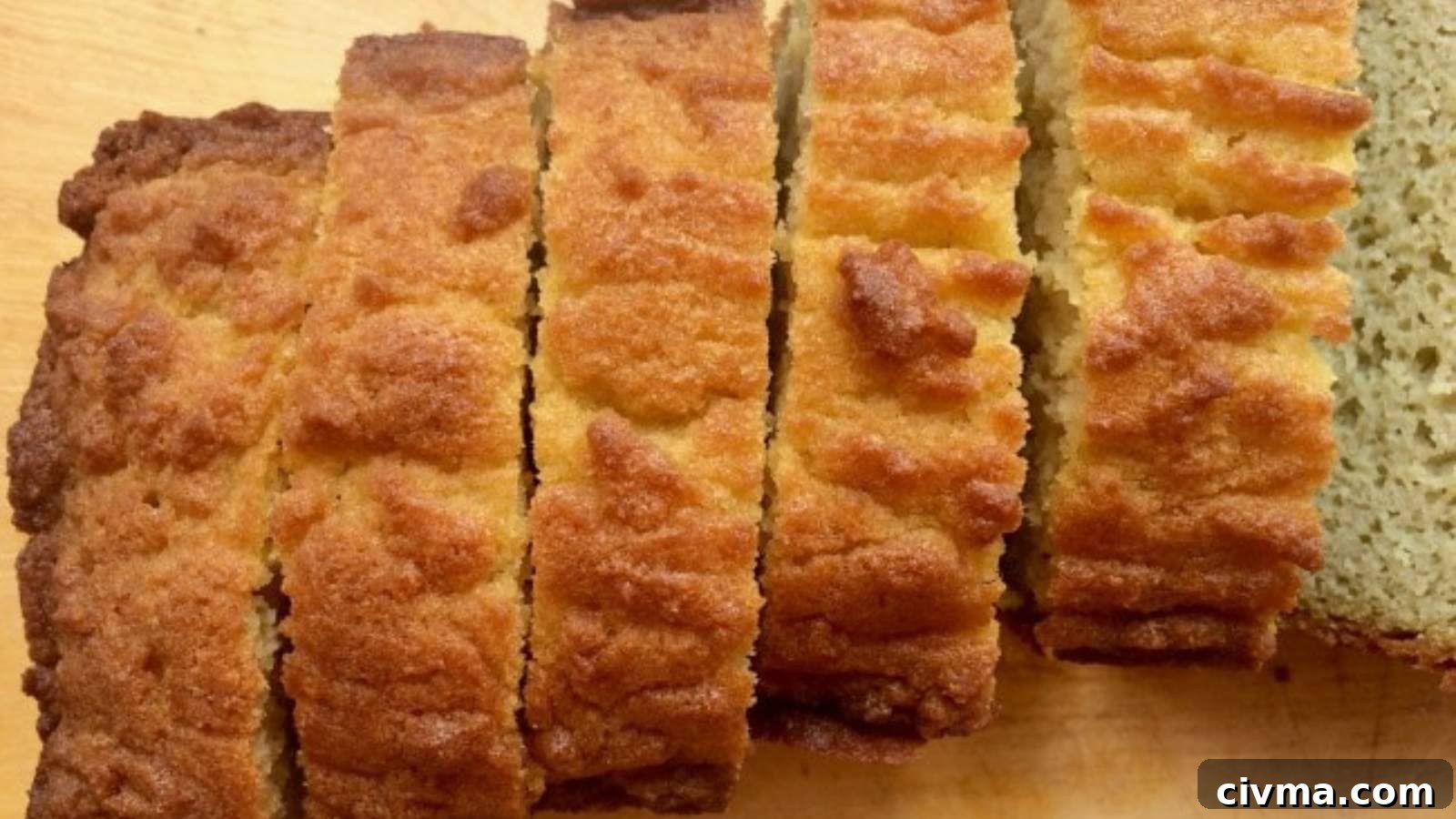 Close-up of four slices of freshly baked bread with a golden-brown crust, arranged on a wooden cutting board.