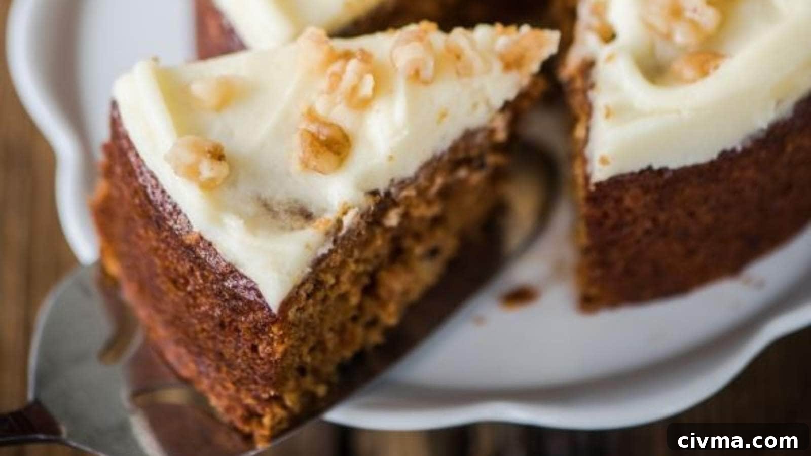 A slice of frosted carrot cake topped with nuts, being served from a larger cake.
